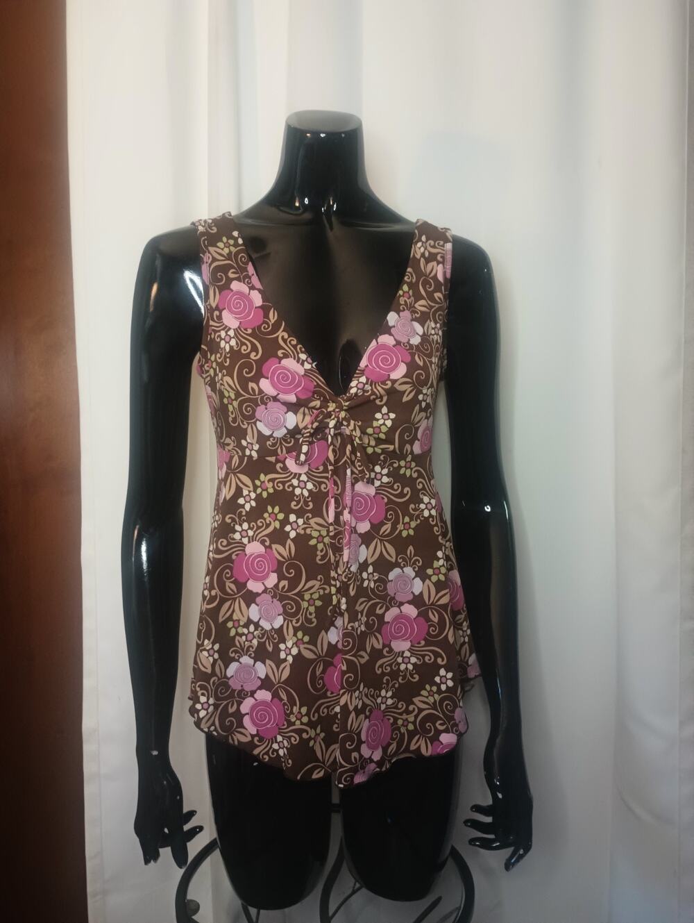 Vtg A Byer Womens Boho Forest Fairy Floral Babydoll Tank Top M Brown V Neck